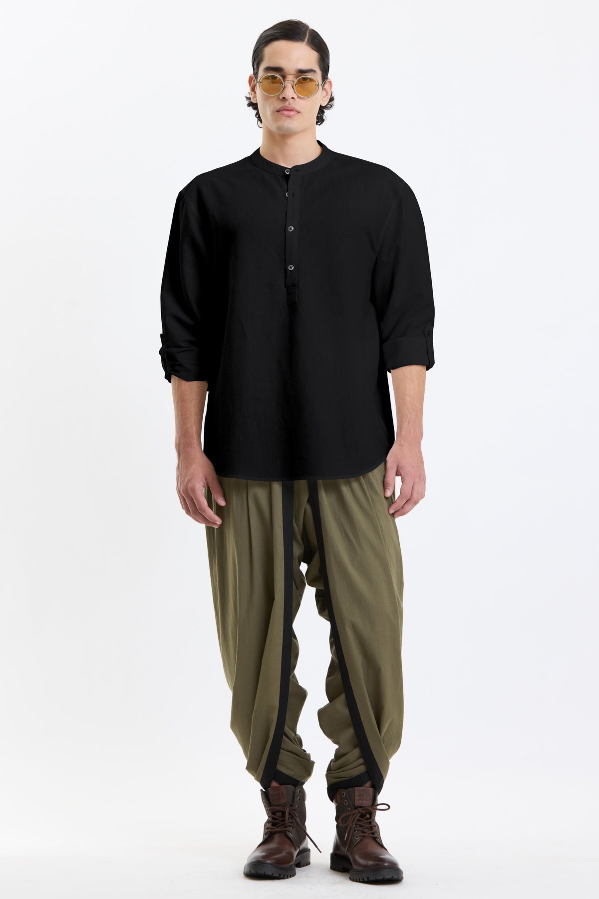 Swasthii Black Mandarin Collar Full-Sleeve Flow Shirt – Cotton Linen
