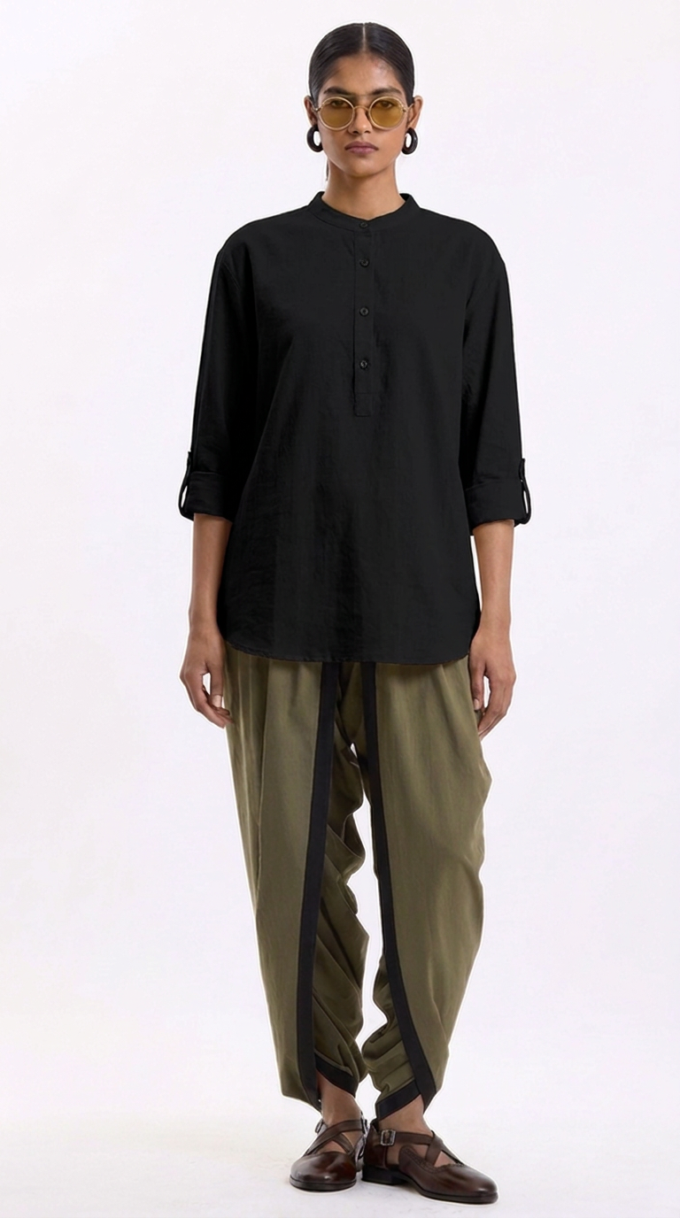 Swasthii Black Mandarin Collar Full-Sleeve Flow Shirt – Cotton Linen