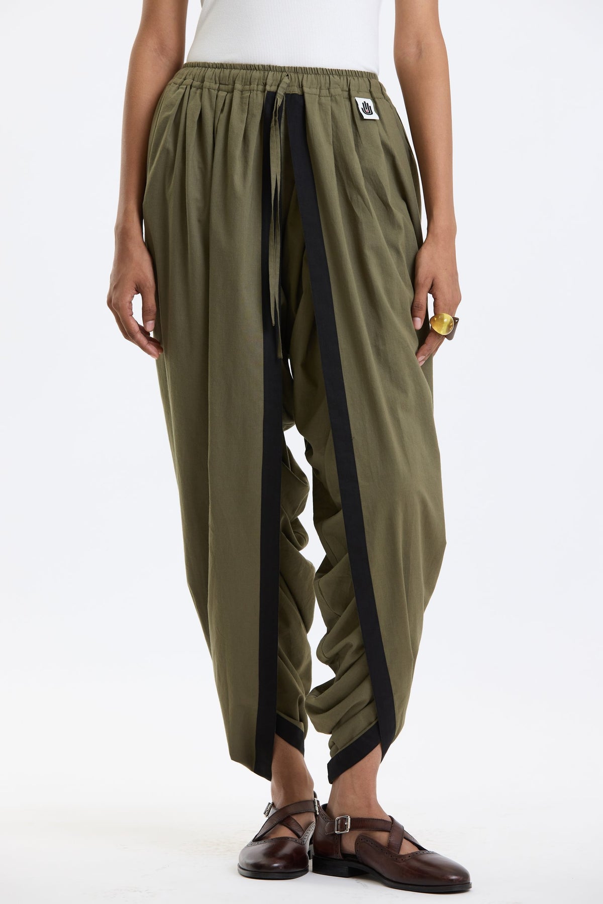 Cotton Dhoti Pants – Olive Green by Swasthii, worn by a model – view 2