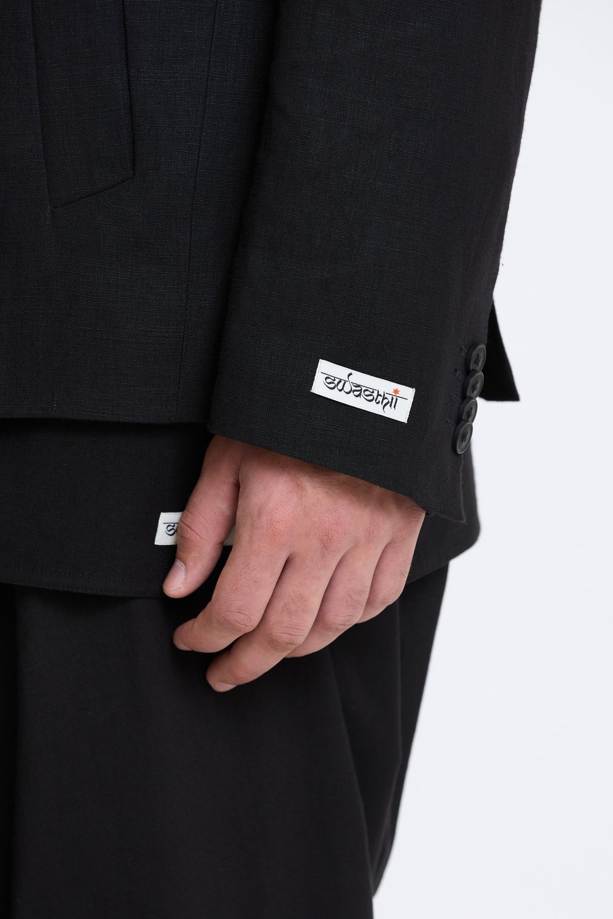 Cotton-Linen Blazer – Black by Swasthii, worn by a model – view 3