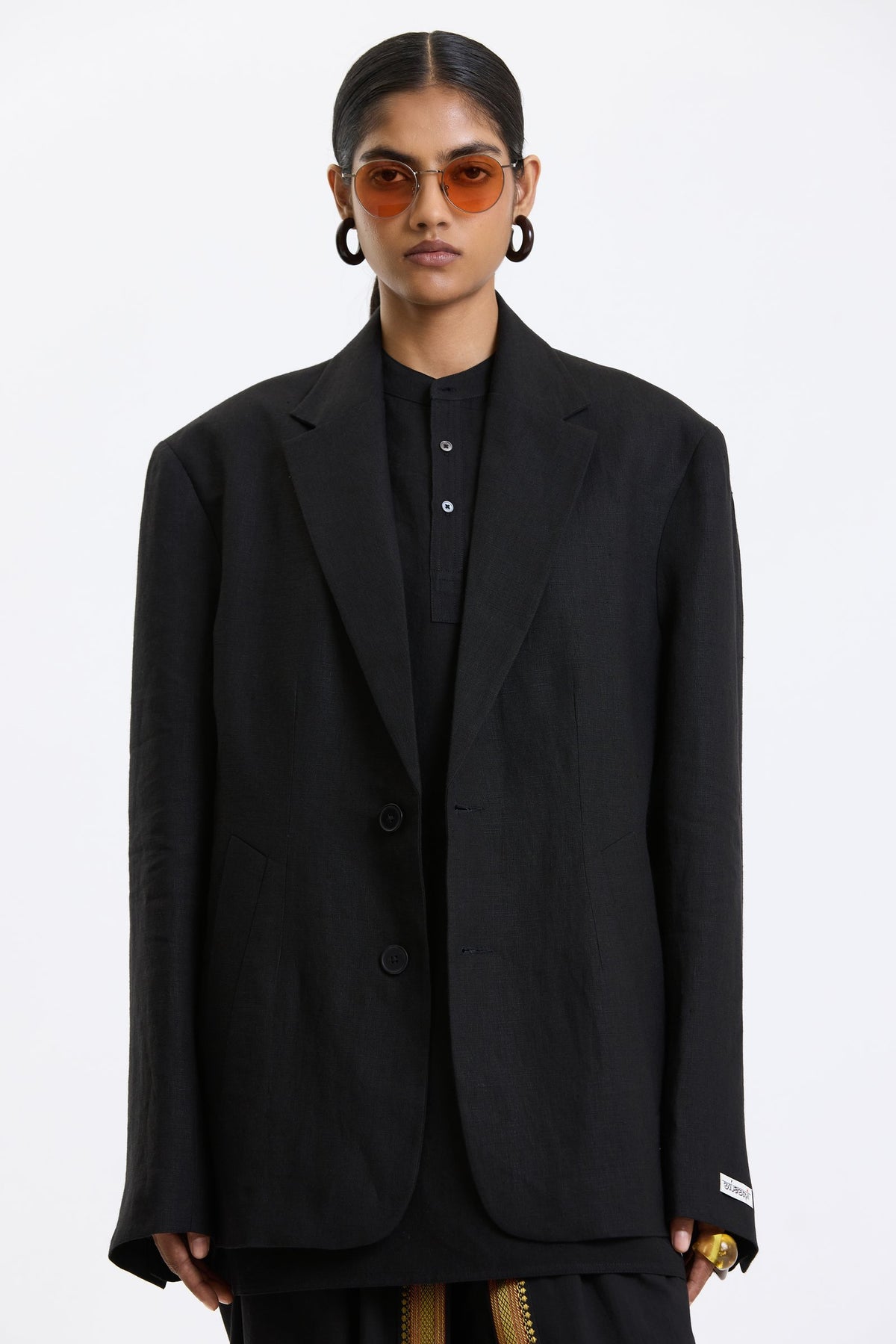 Cotton-Linen Blazer – Black by Swasthii, worn by a model – view 2
