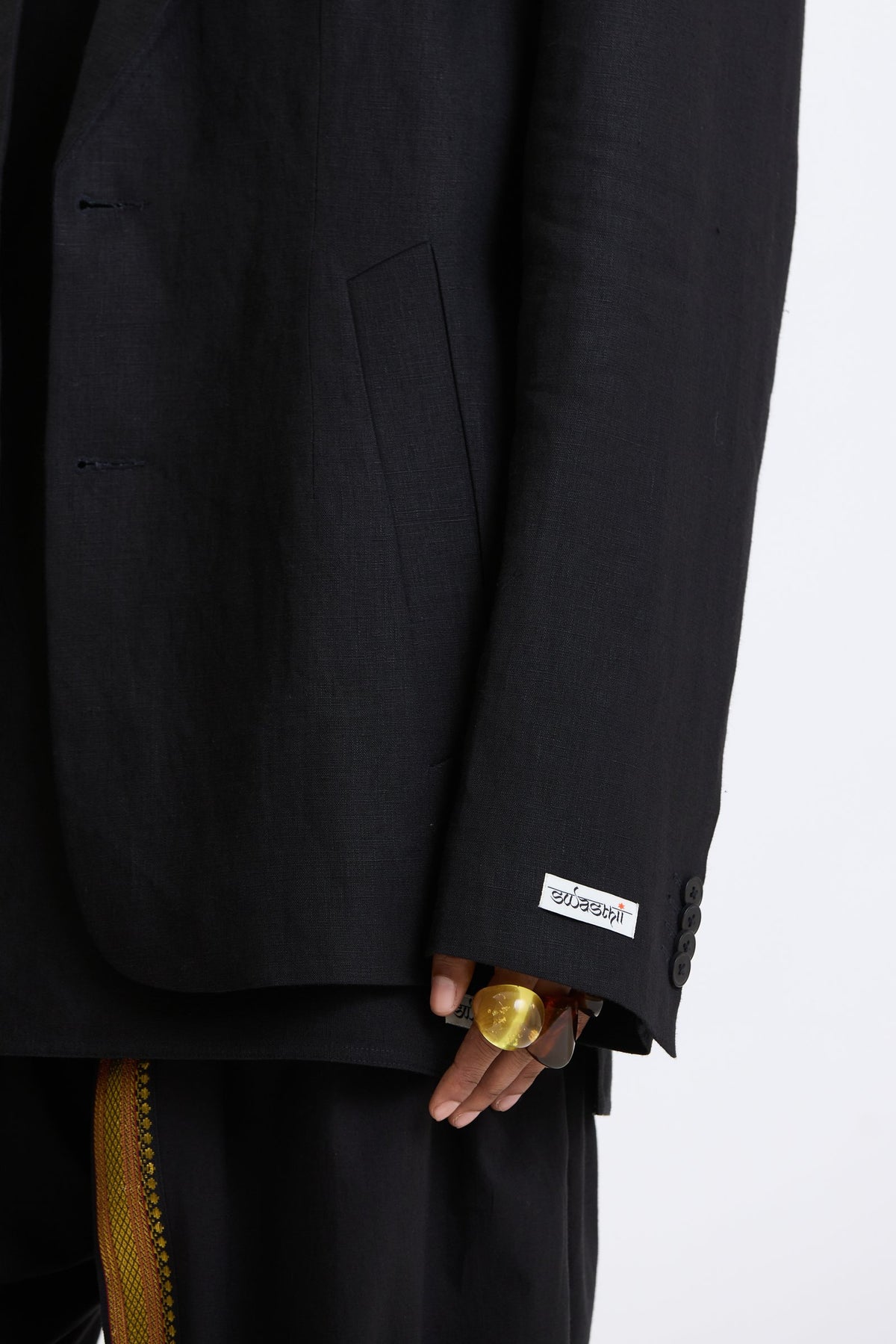 Cotton-Linen Blazer – Black by Swasthii, worn by a model – view 3