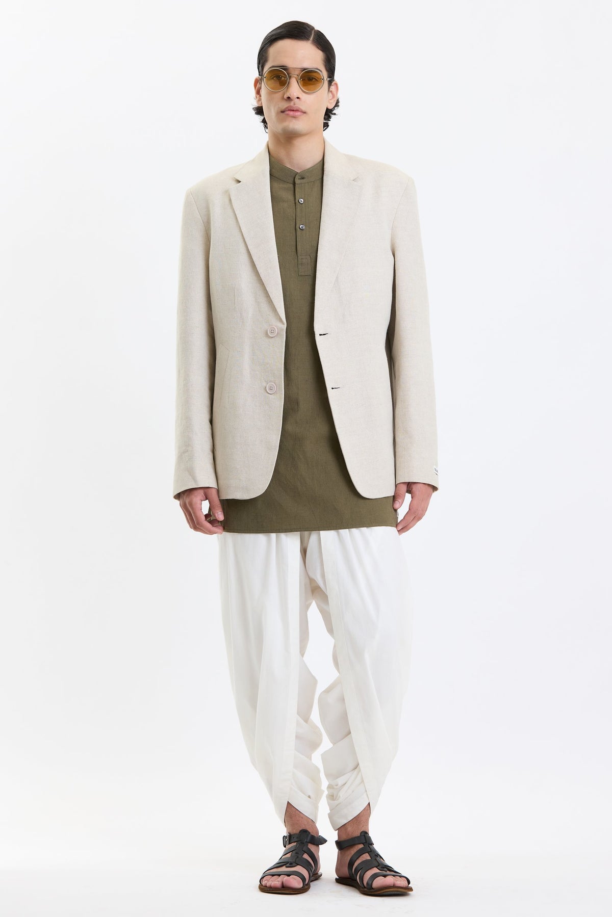 Cotton-Linen Blazer – Beige by Swasthii, worn by a model – view 1