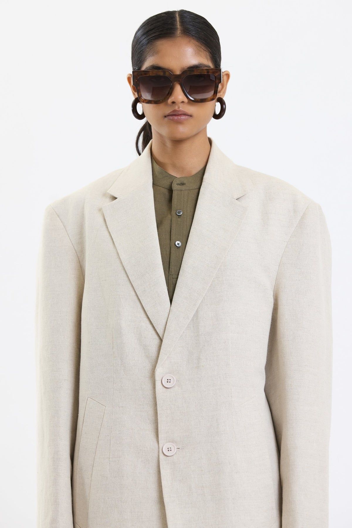 Cotton-Linen Blazer – Beige by Swasthii, worn by a female model – view 3