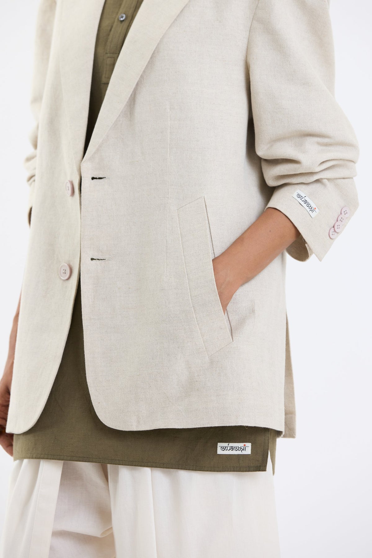 Cotton-Linen Blazer – Beige by Swasthii, worn by a female model – view 11