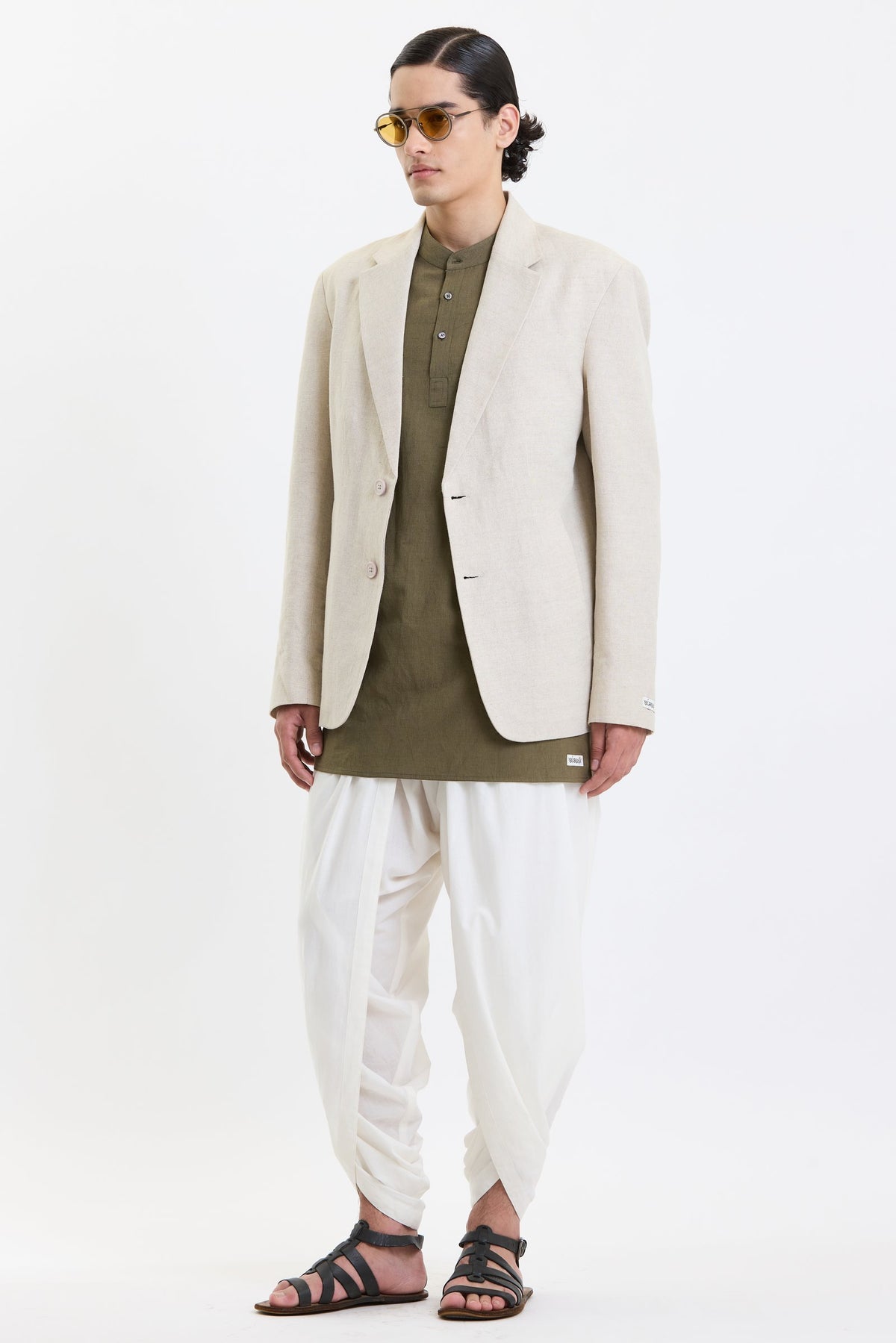 Cotton-Linen Blazer – Beige by Swasthii, worn by a model – view 5