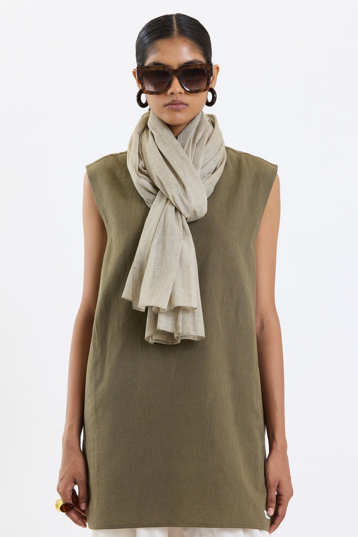 Cotton Stole – Beige by Swasthii, worn by a model – view 2