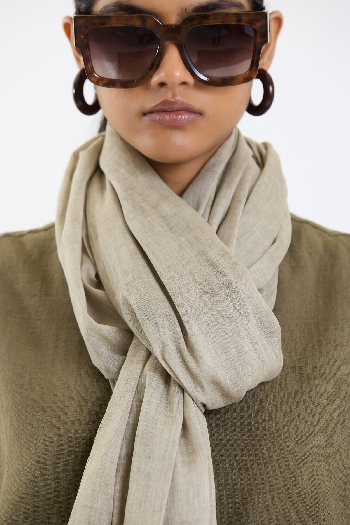 Cotton Stole – Beige by Swasthii, worn by a model – view 3