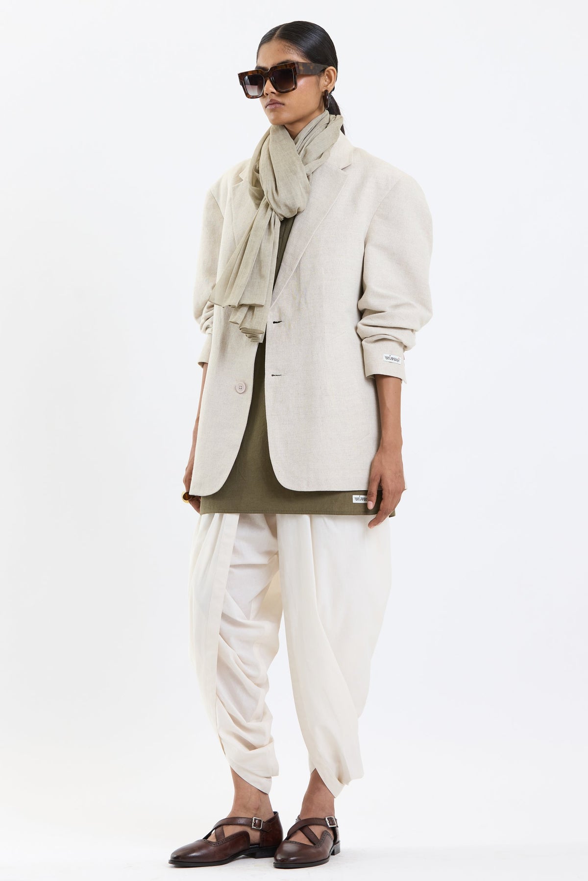 Cotton Stole – Beige by Swasthii, worn by a model – view 5