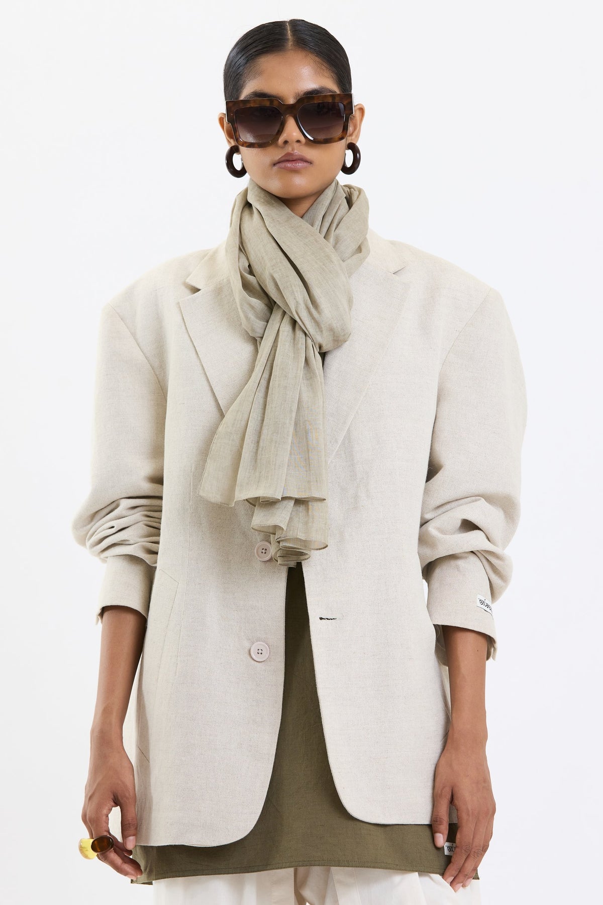 Cotton Stole – Beige by Swasthii, worn by a model – view 6