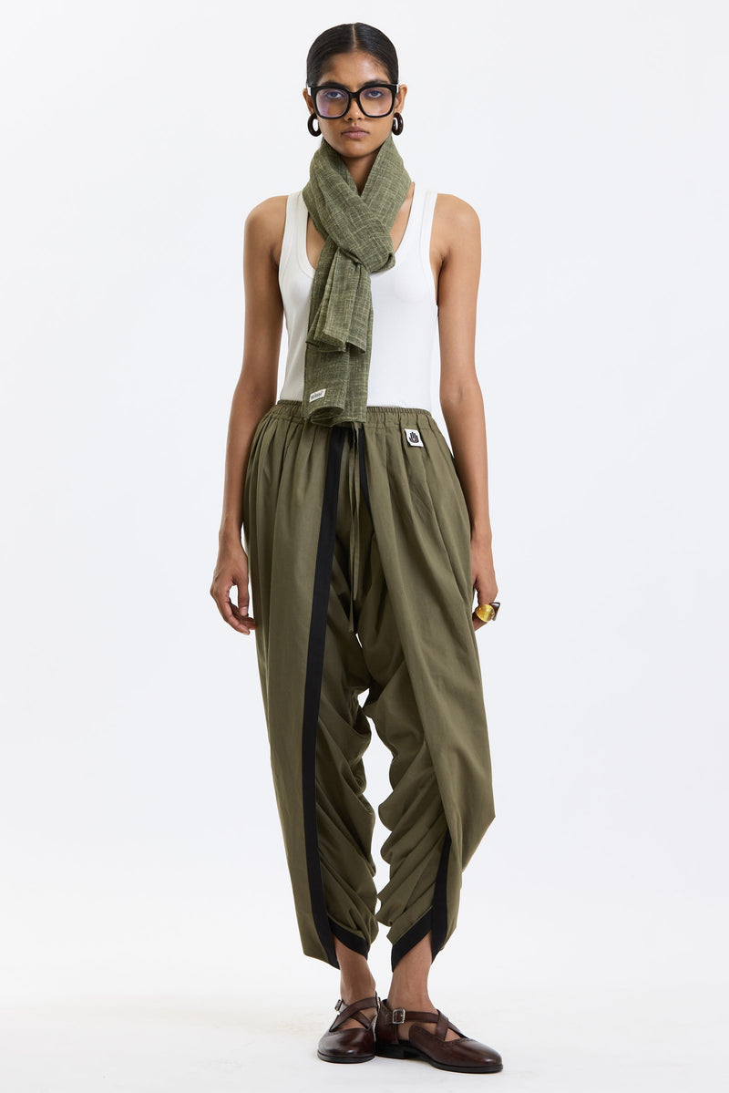 Cotton Stole – Olive Green by Swasthii, worn by a model – view 1