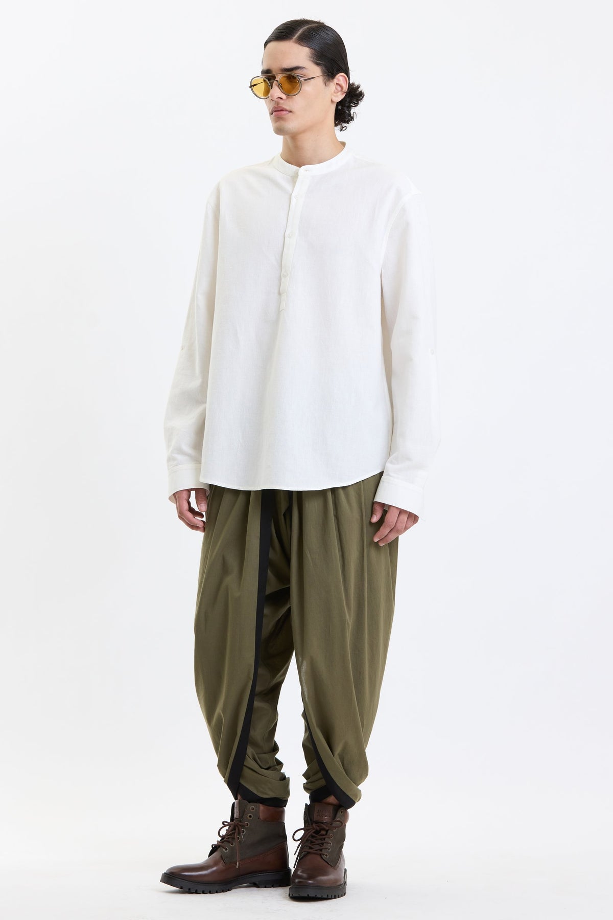 Full Sleeve Mandarin Collar Shirt – White by Swasthii, worn by a model – view 2