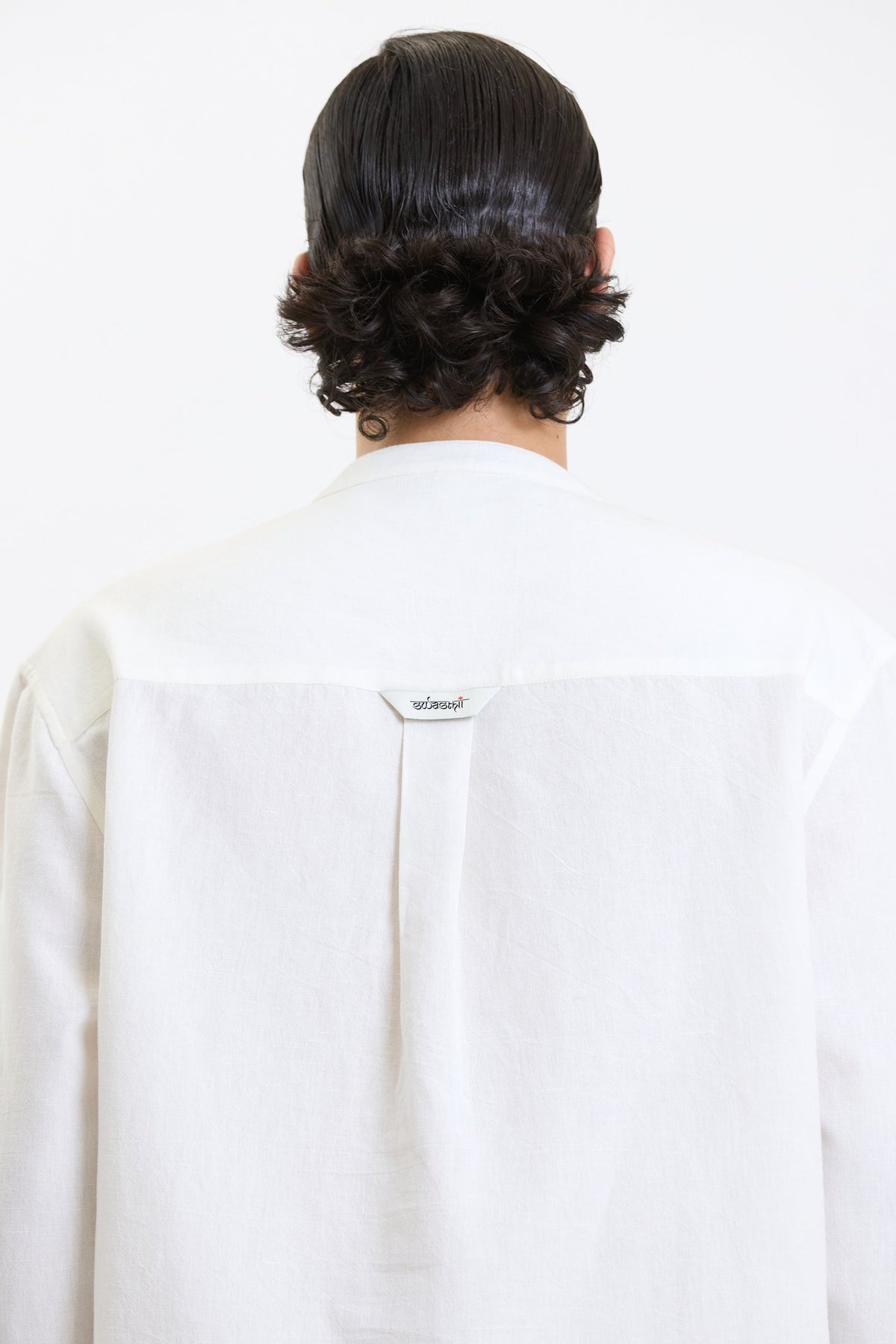 Full Sleeve Mandarin Collar Shirt – White by Swasthii, worn by a model – view 3