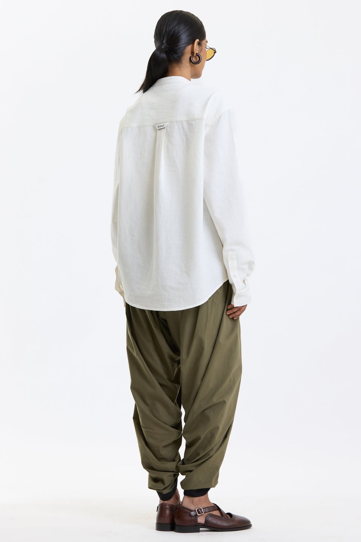 Full Sleeve Mandarin Collar Shirt – White by Swasthii, worn by a model – view 4