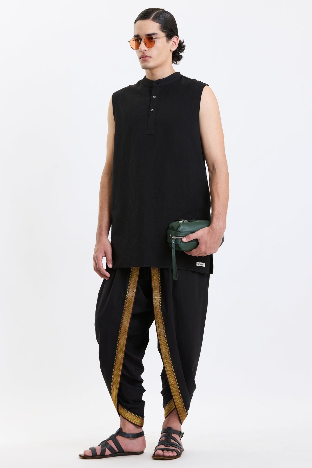 Mandarin Collar Vest – Black by Swasthii, worn by a model – view 5