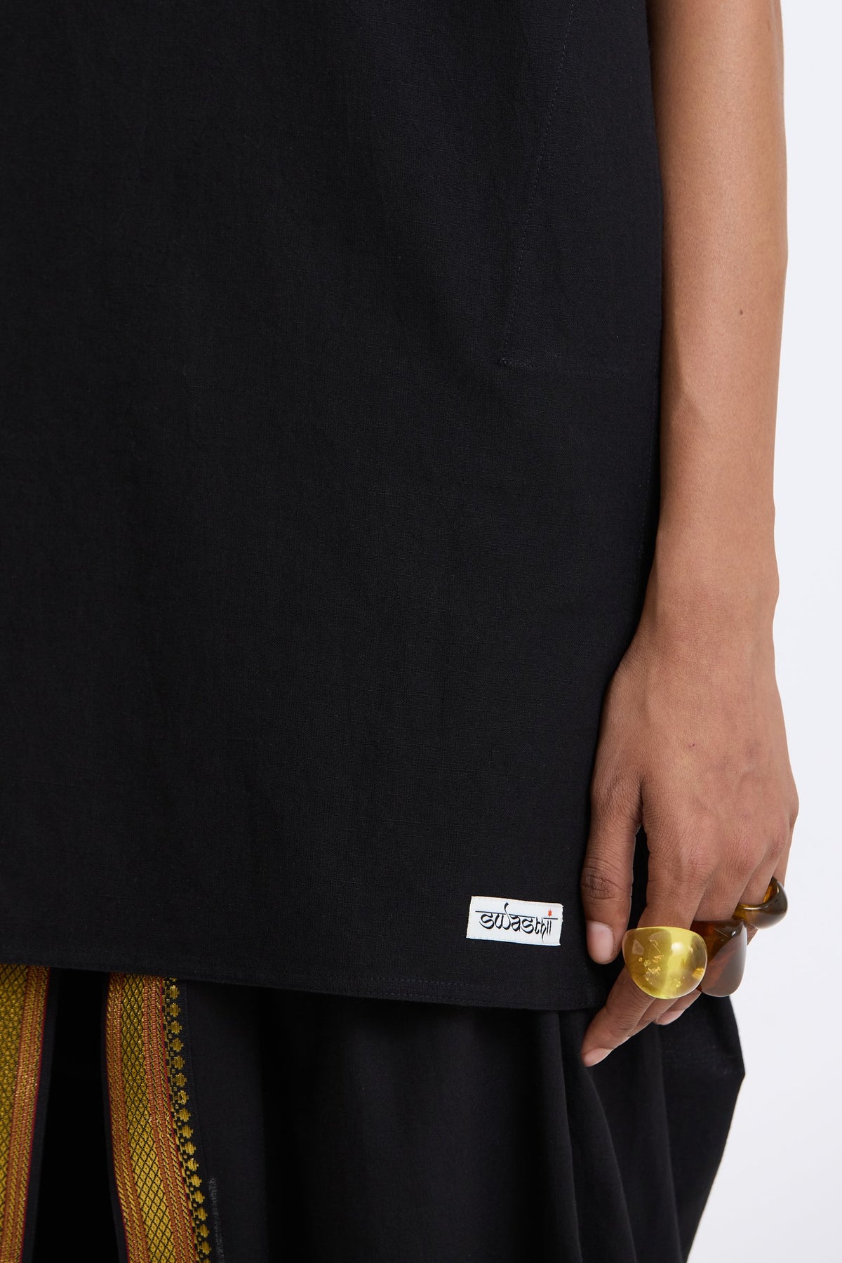 Mandarin Collar Vest – Black by Swasthii, worn by a model – view 3