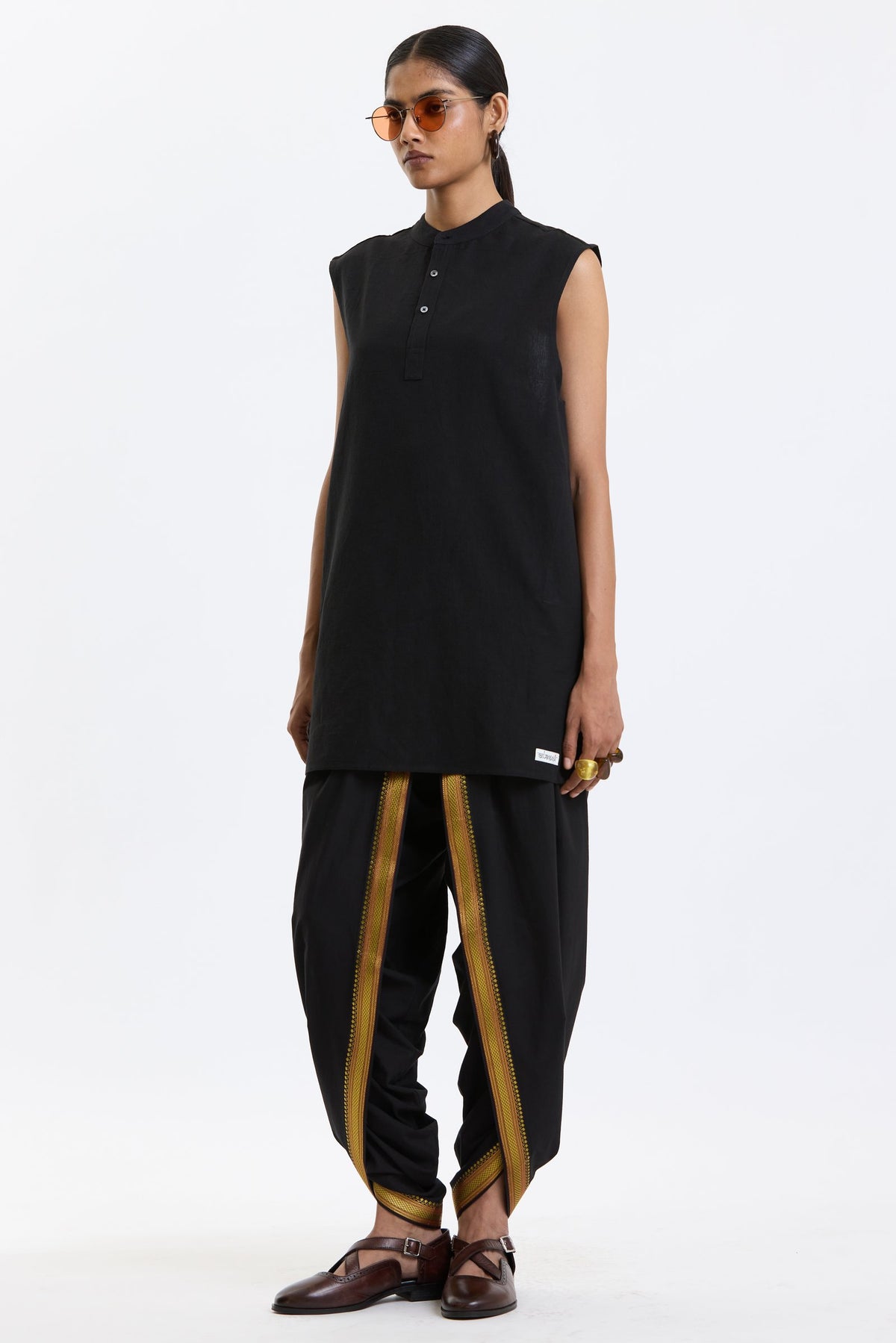 Mandarin Collar Vest – Black by Swasthii, worn by a model – view 4