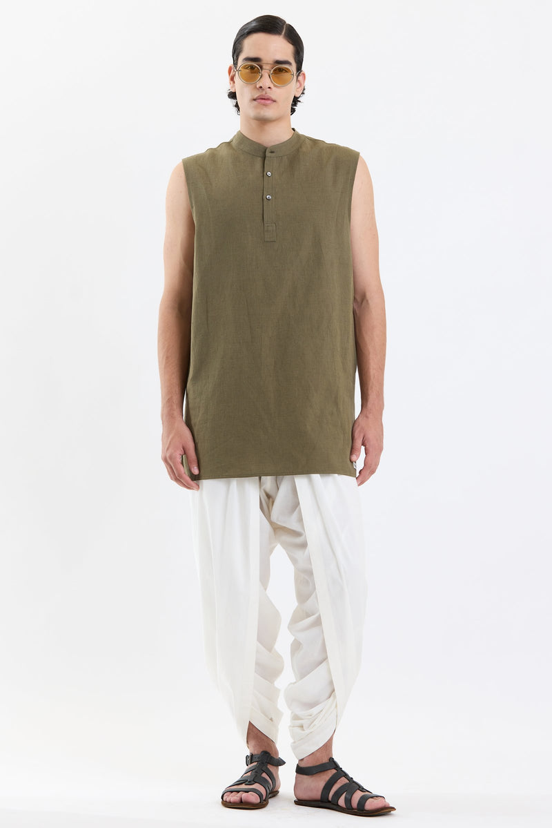 Mandarin Collar Vest – Olive Green by Swasthii, worn by a model – view 1