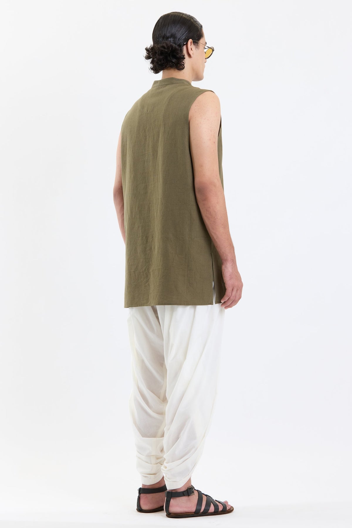 Mandarin Collar Vest – Olive Green by Swasthii, worn by a model – view 4