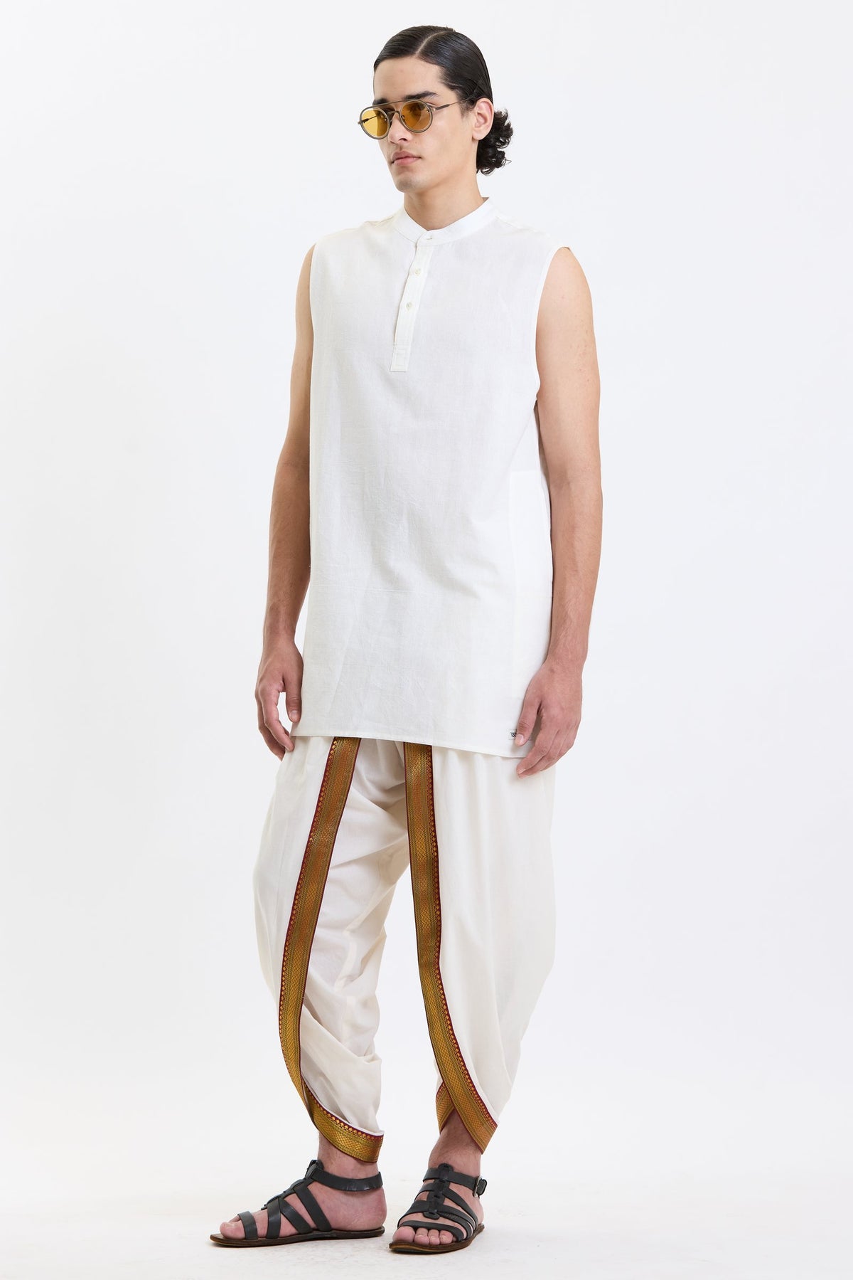 Mandarin Collar Vest – White by Swasthii, worn by a model – view 4