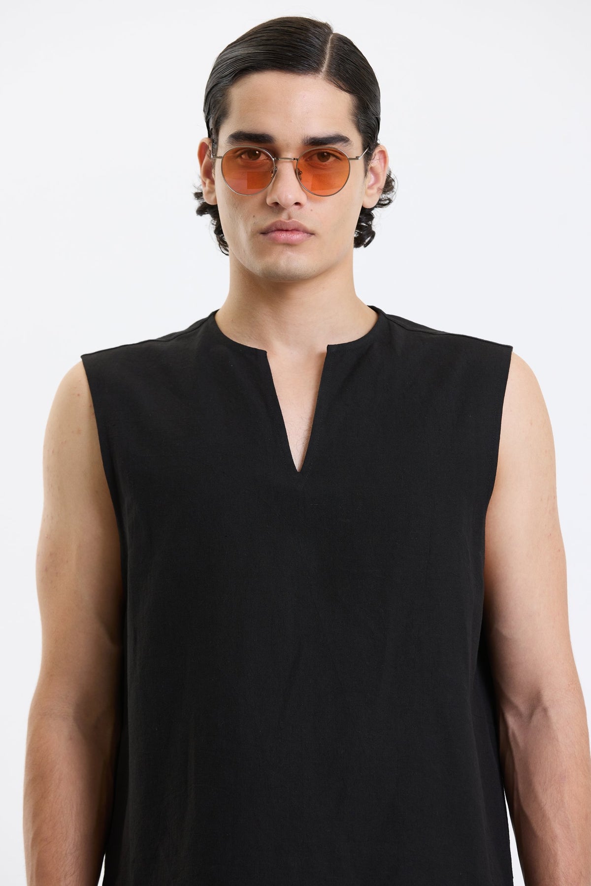 V Neck Vest – Black by Swasthii, worn by a model – view 2