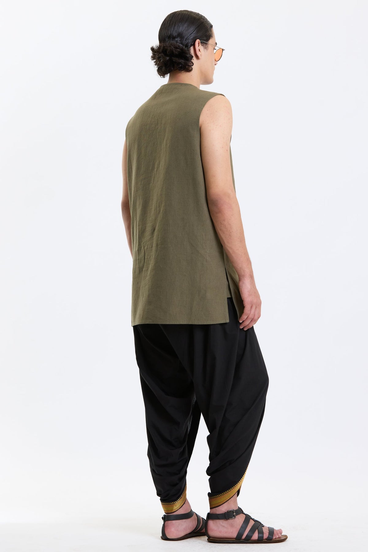 V Neck Vest – Olive Green by Swasthii, worn by a model – view 4