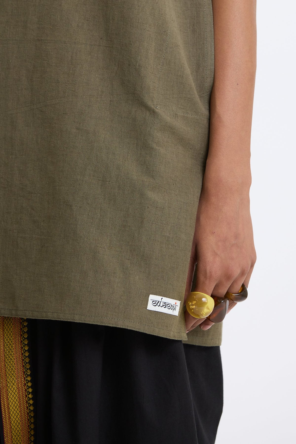 V Neck Vest – Olive Green by Swasthii, worn by a model – view 3