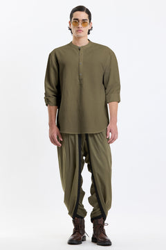 Swasthii Olive Mandarin Collar Full-Sleeve Flow Shirt – Cotton Linen