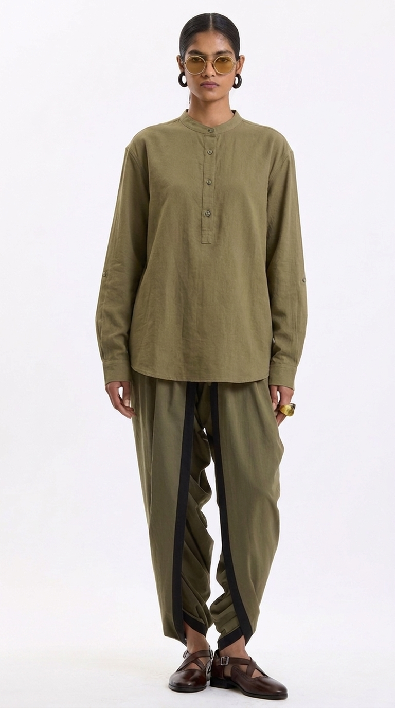 Swasthii Olive Mandarin Collar Full-Sleeve Flow Shirt – Cotton Linen