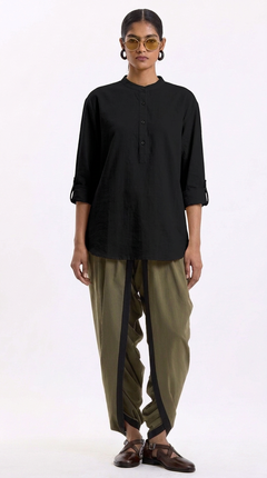 Swasthii Black Mandarin Collar Full-Sleeve Flow Shirt – Cotton Linen