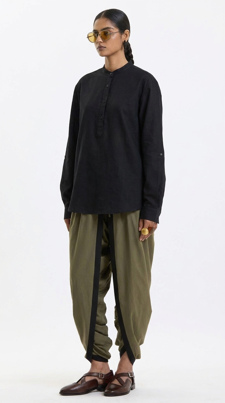 Swasthii Black Mandarin Collar Full-Sleeve Flow Shirt – Cotton Linen