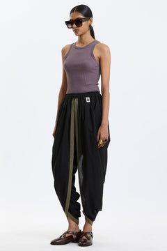 Cotton Dhoti Pants – Black & Olive by Swasthii, worn by a model – view 3