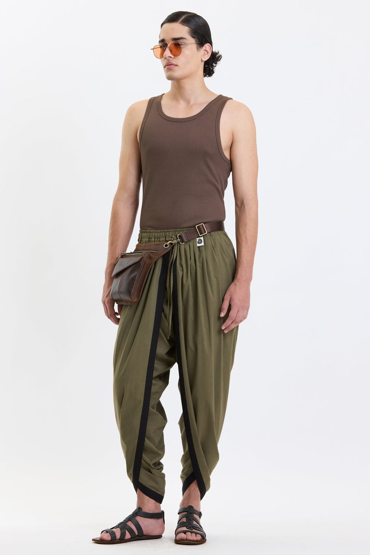 Cotton Dhoti Pants – Olive Green by Swasthii, worn by a model – view 5