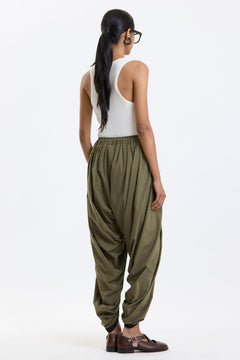 Cotton Dhoti Pants – Olive Green by Swasthii, worn by a female model – view 4