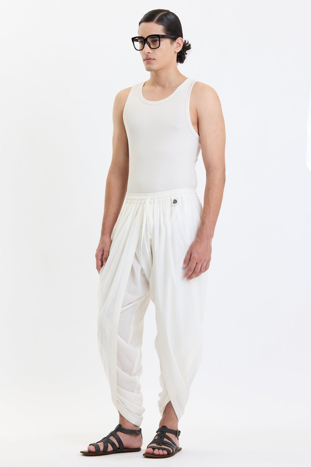 Cotton Dhoti Pants – White by Swasthii, worn by a model – view 2