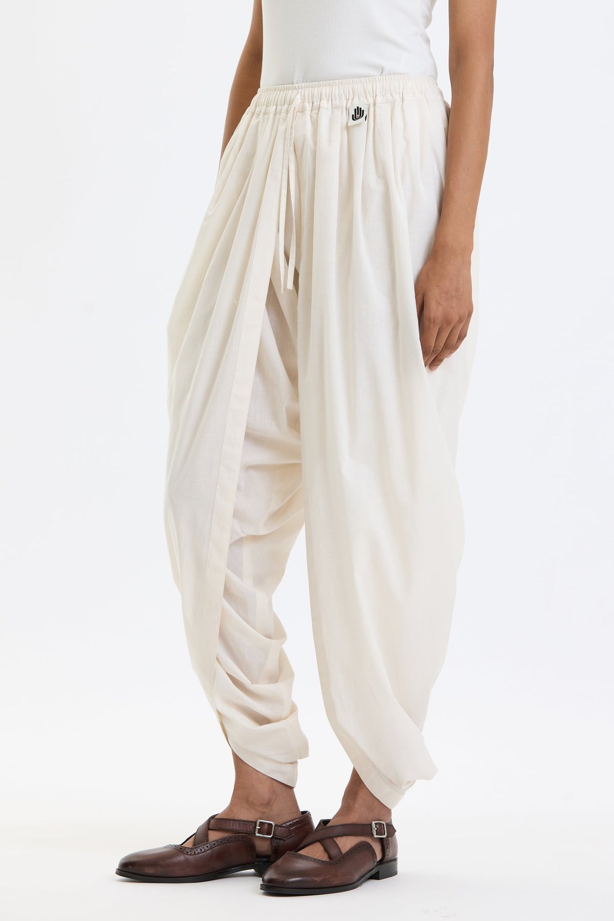 Cotton Dhoti Pants – White by Swasthii, worn by a model – view 3