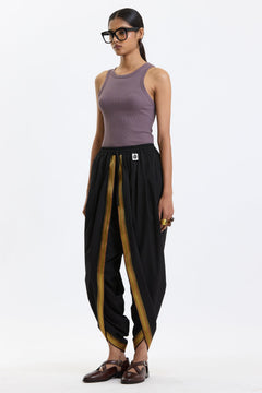 Cotton Dhoti Pants with Zari Border – Black & Gold by Swasthii, worn by a model – view 2