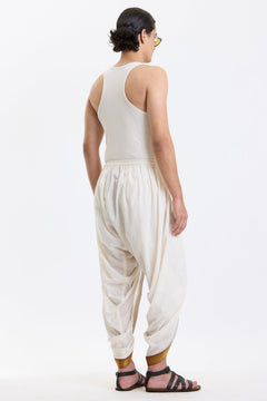 Cotton Dhoti Pants with Zari Border – White & Gold by Swasthii, worn by a model – view 4