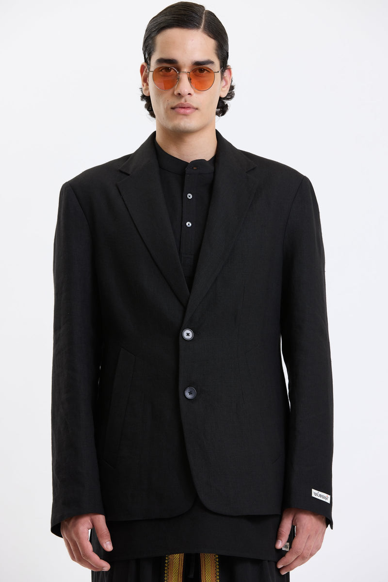 Cotton-Linen Blazer – Black by Swasthii, worn by a model – view 2