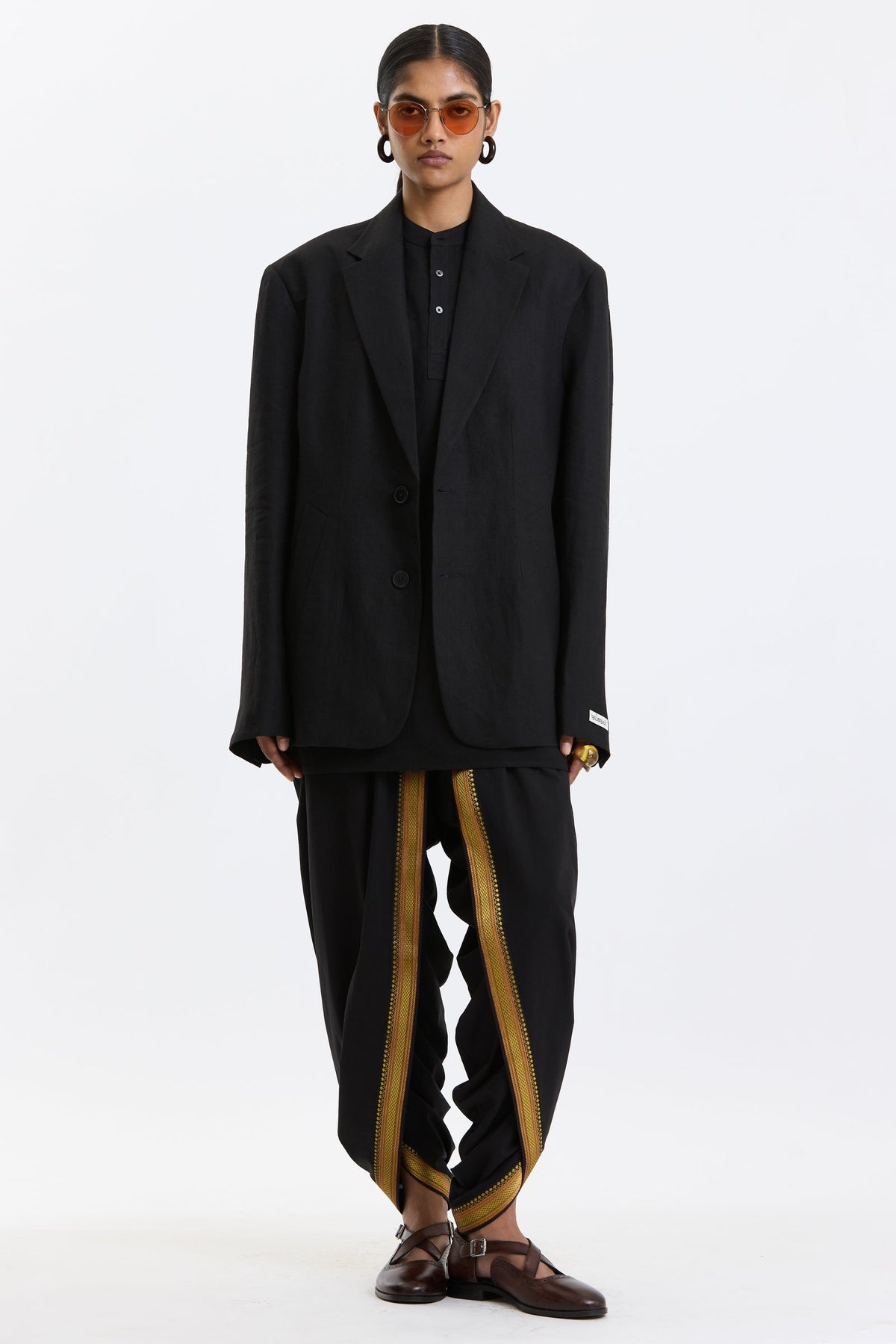 Cotton-Linen Blazer – Black by Swasthii, worn by a model – view 1