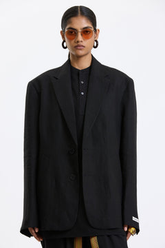 Cotton-Linen Blazer – Black by Swasthii, worn by a model – view 2