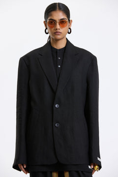 Cotton-Linen Blazer – Black by Swasthii, worn by a model – view 4