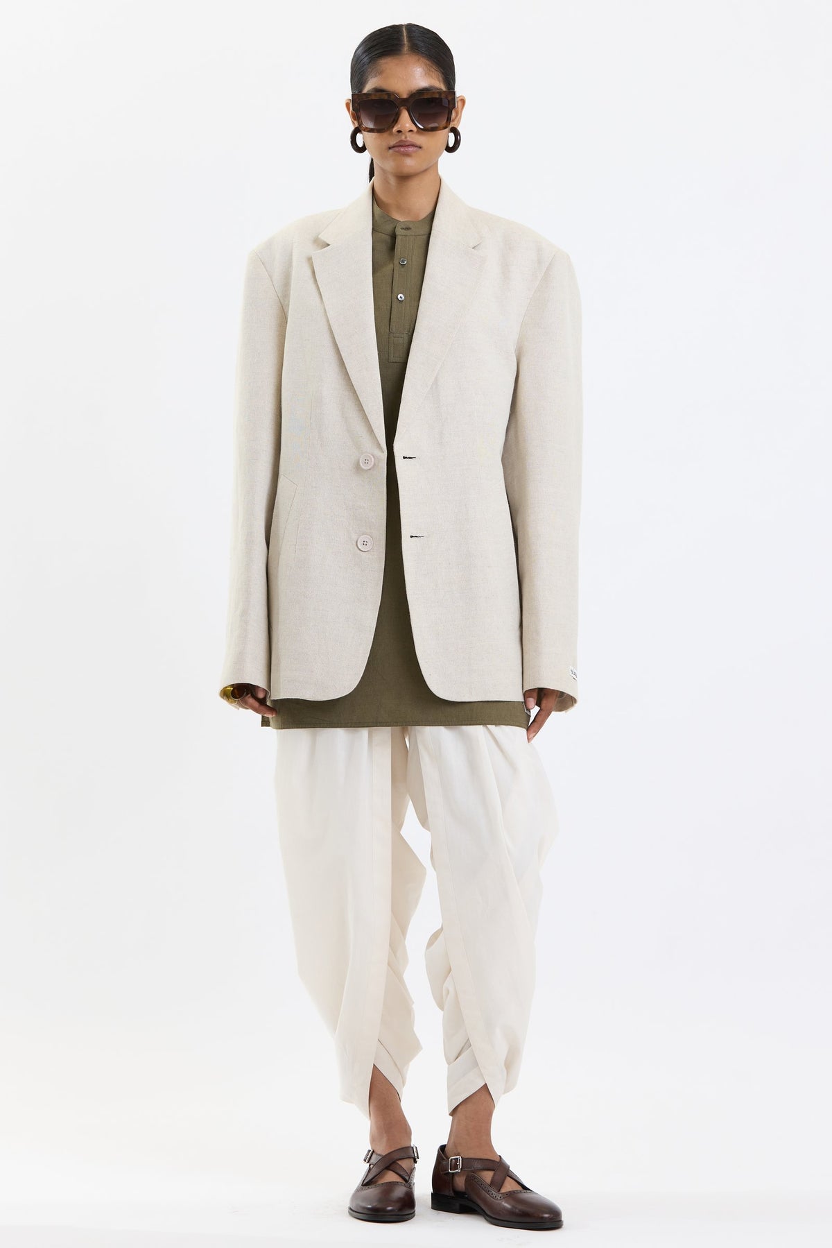 Cotton-Linen Blazer – Beige by Swasthii, worn by a female model – view 1