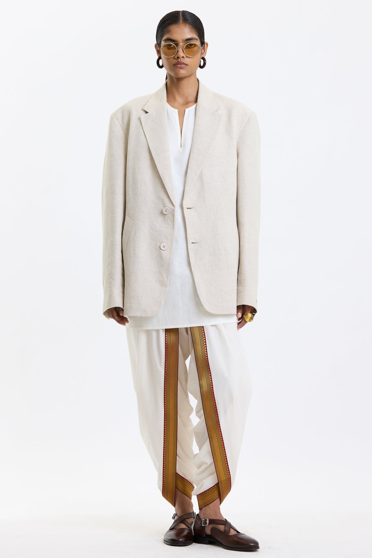 Cotton-Linen Blazer – Beige by Swasthii, worn by a female model – view 2