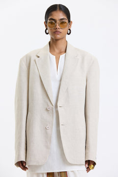 Cotton-Linen Blazer – Beige by Swasthii, worn by a female model – view 4