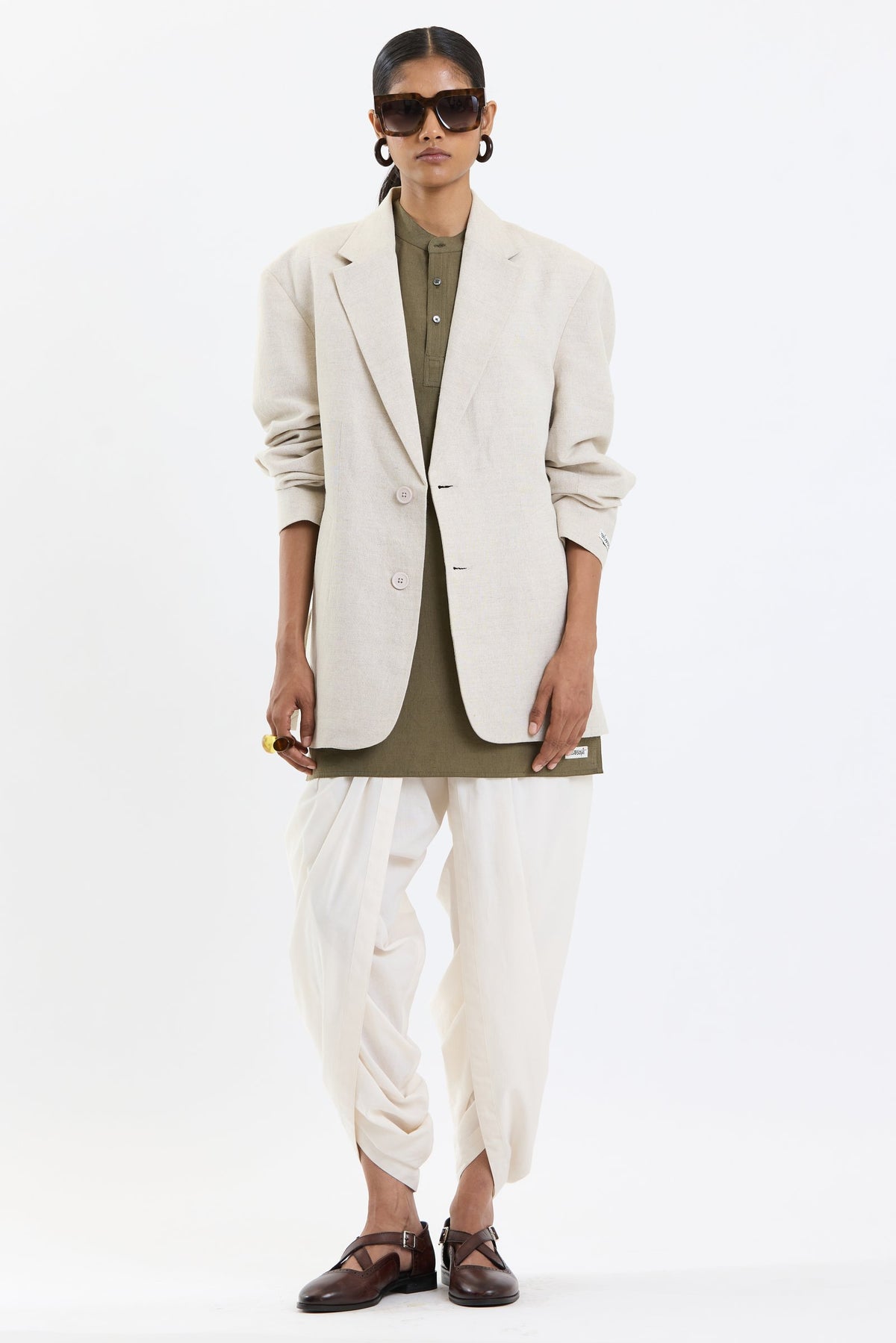 Cotton-Linen Blazer – Beige by Swasthii, worn by a female model – view 7