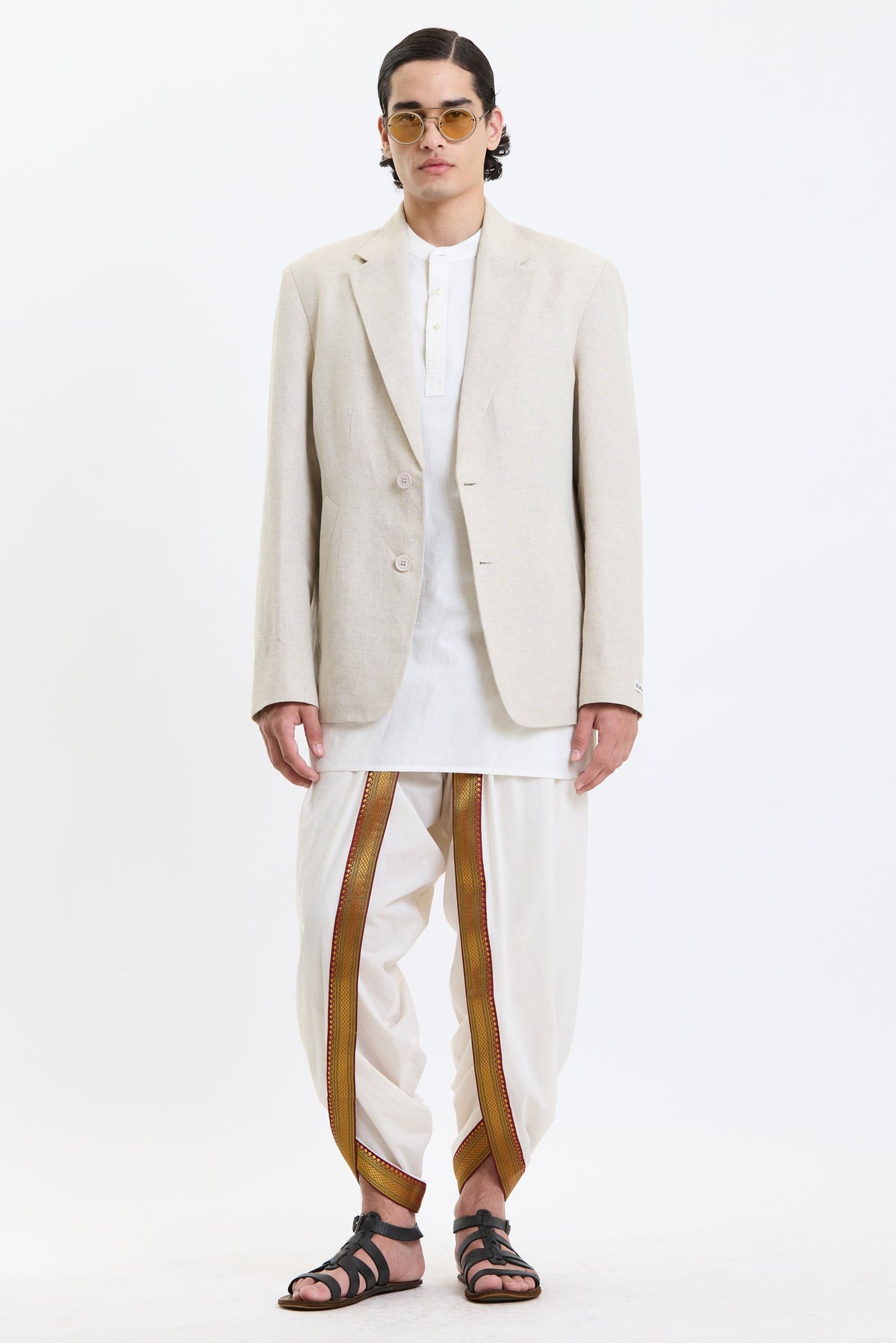 Cotton-Linen Blazer – Beige by Swasthii, worn by a model – view 2