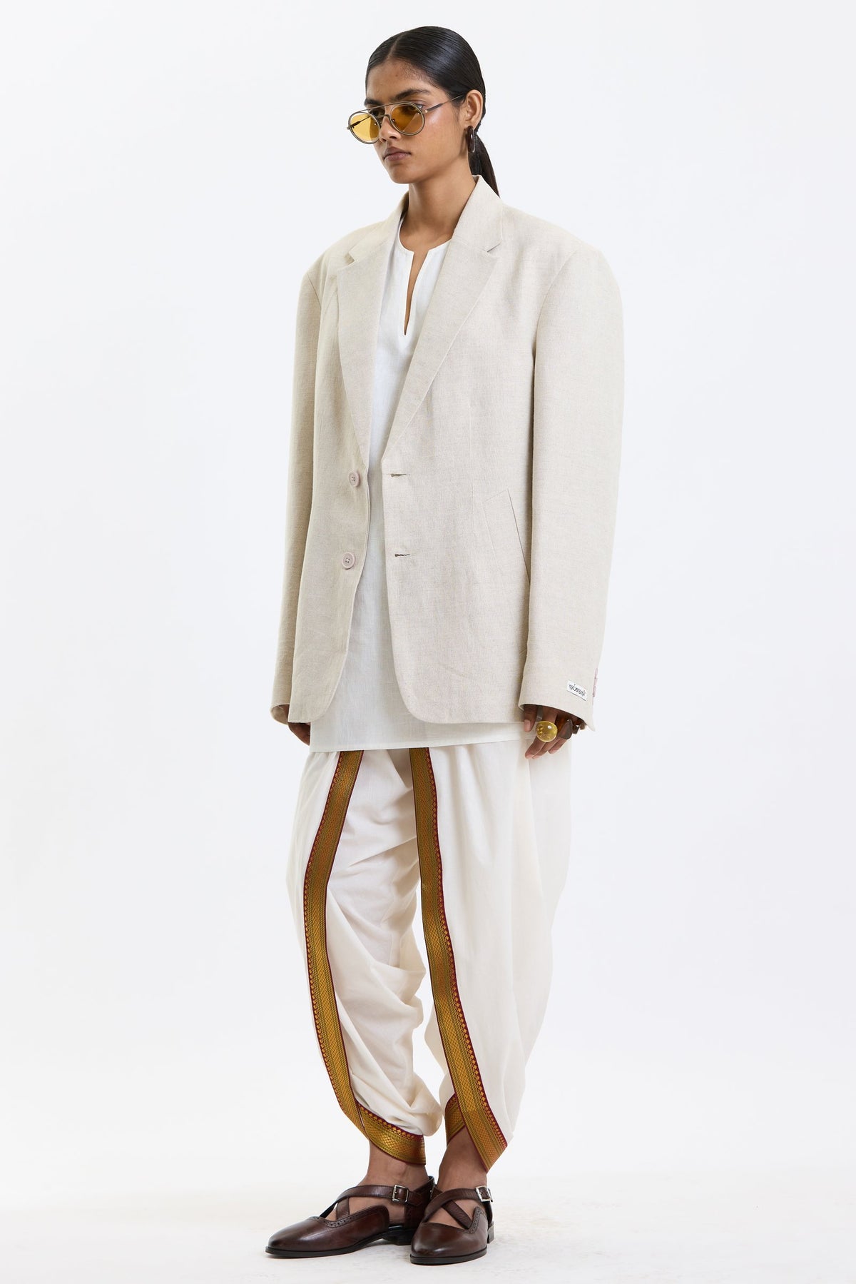 Cotton-Linen Blazer – Beige by Swasthii, worn by a female model – view 8