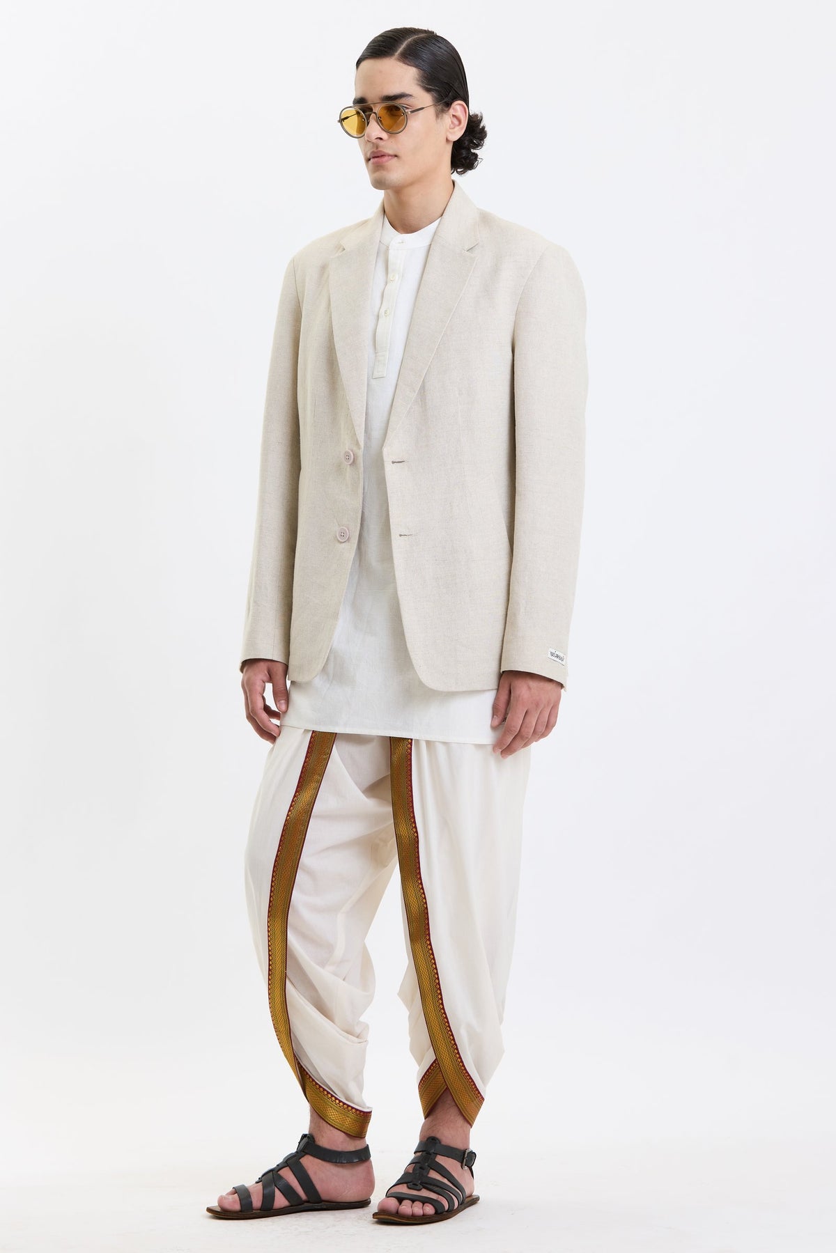 Cotton-Linen Blazer – Beige by Swasthii, worn by a model – view 4