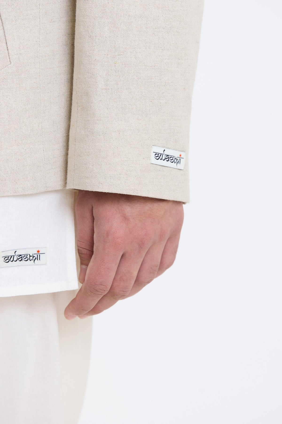 Cotton-Linen Blazer – Beige by Swasthii, worn by a model – view 6